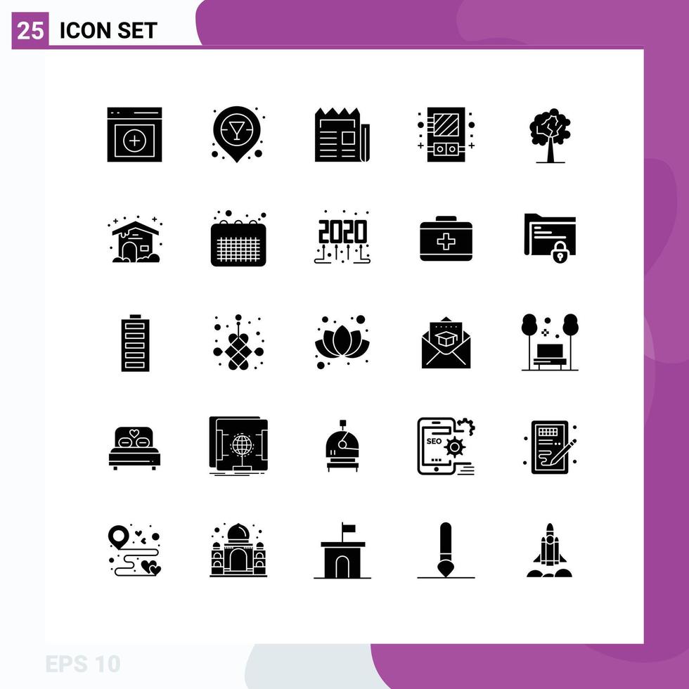 25 Universal Solid Glyphs Set for Web and Mobile Applications plant utensil news mirror box Editable Vector Design Elements