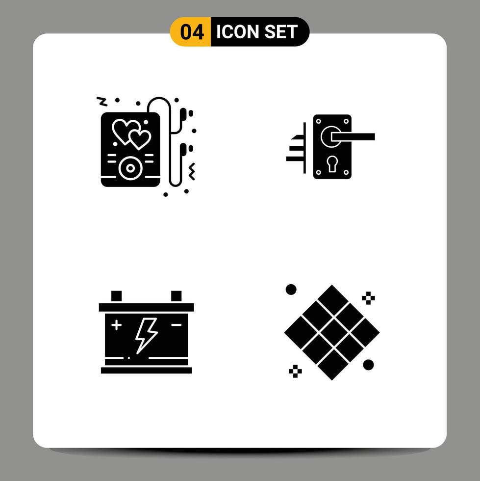 Pictogram Set of 4 Simple Solid Glyphs of headphone battery lock keyhole car Editable Vector Design Elements