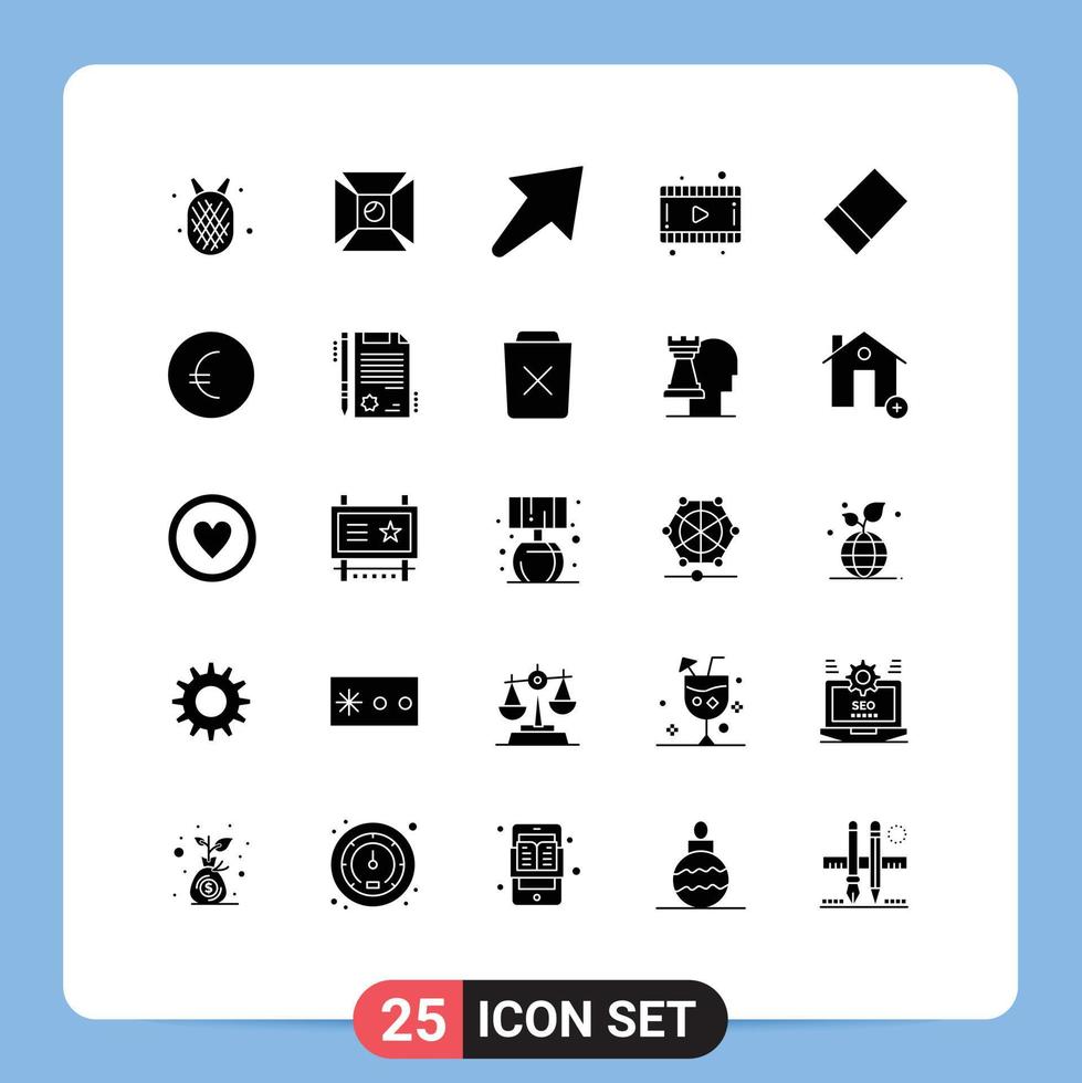 25 User Interface Solid Glyph Pack of modern Signs and Symbols of certificate euro arrow rubber movie Editable Vector Design Elements