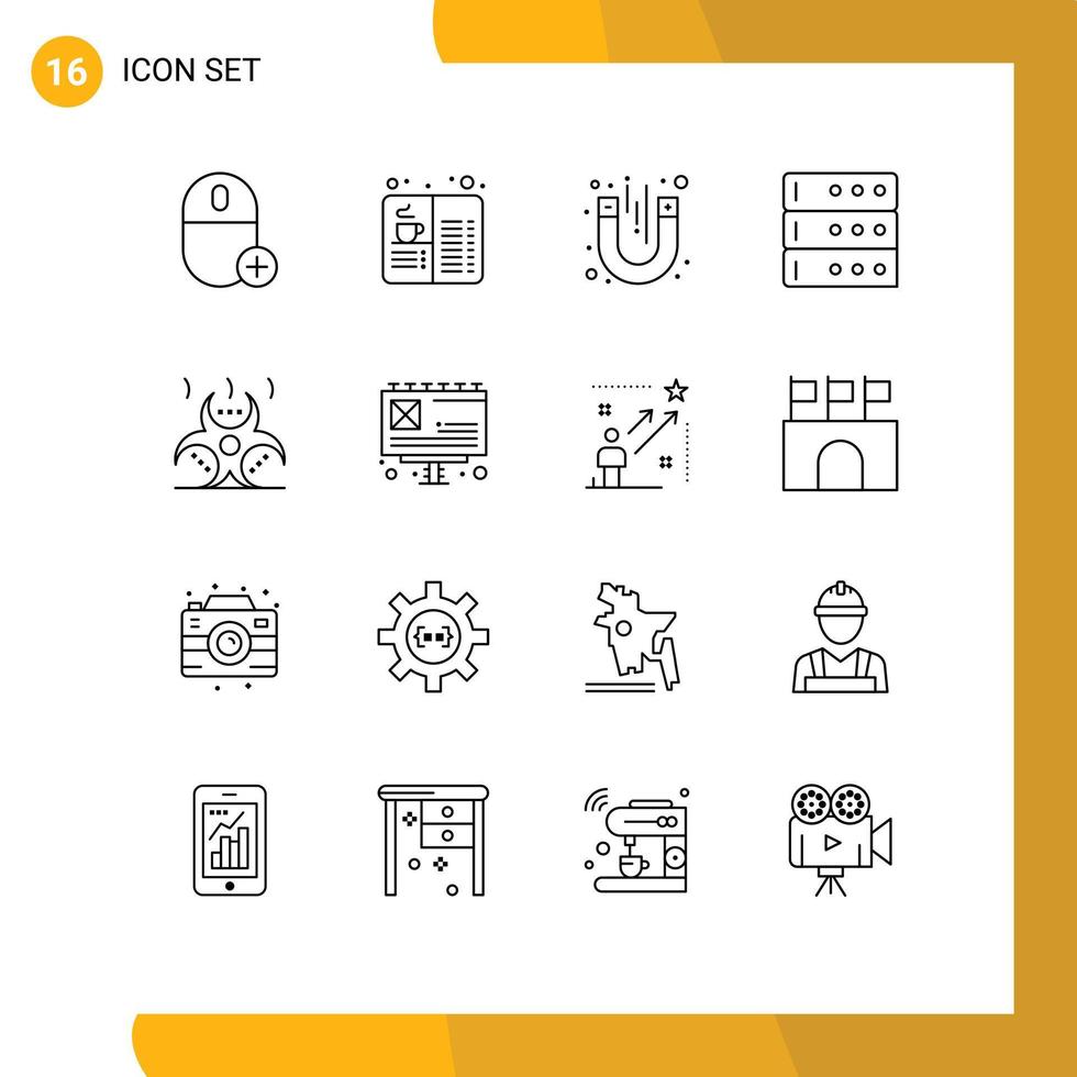 Group of 16 Outlines Signs and Symbols for biohazard database drink data test Editable Vector Design Elements