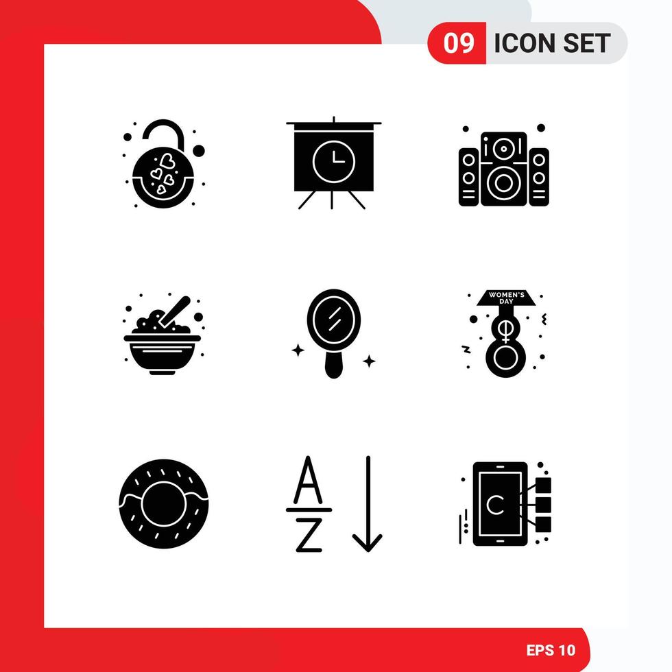 Editable Vector Line Pack of 9 Simple Solid Glyphs of mirror peanuts sound oats cereals Editable Vector Design Elements