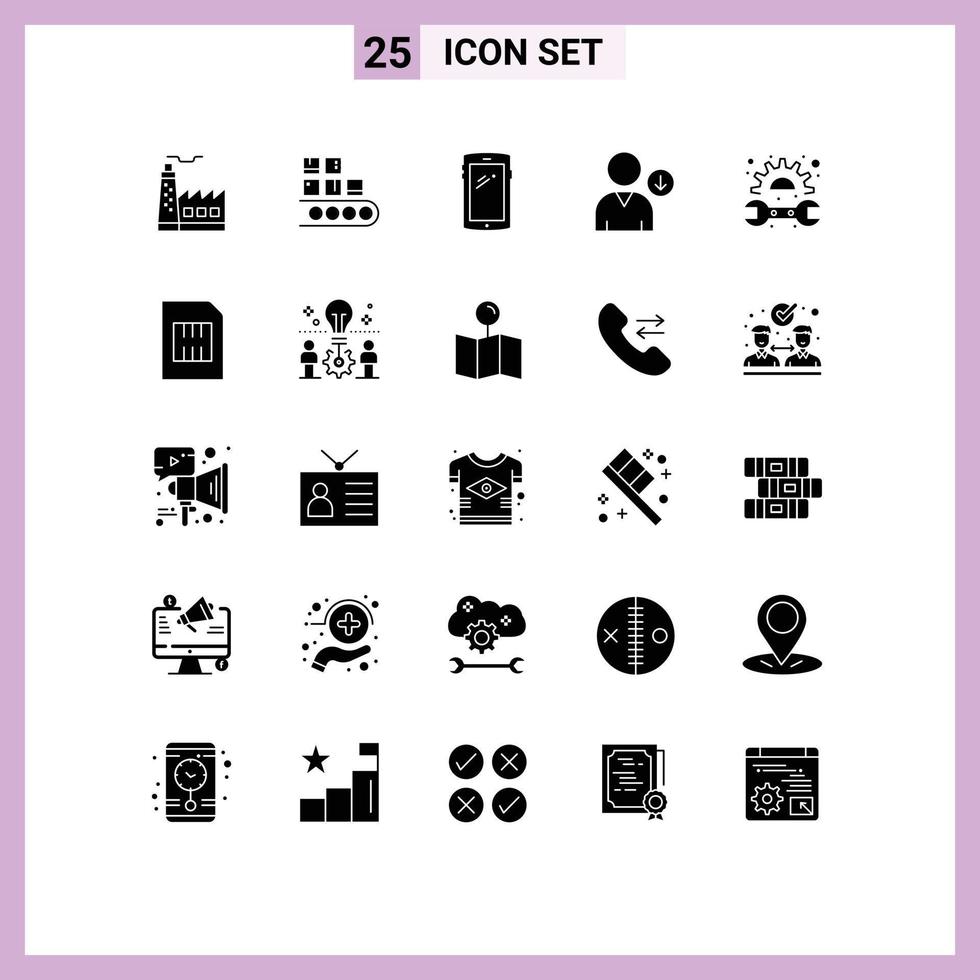 25 Universal Solid Glyphs Set for Web and Mobile Applications gear next production down android Editable Vector Design Elements