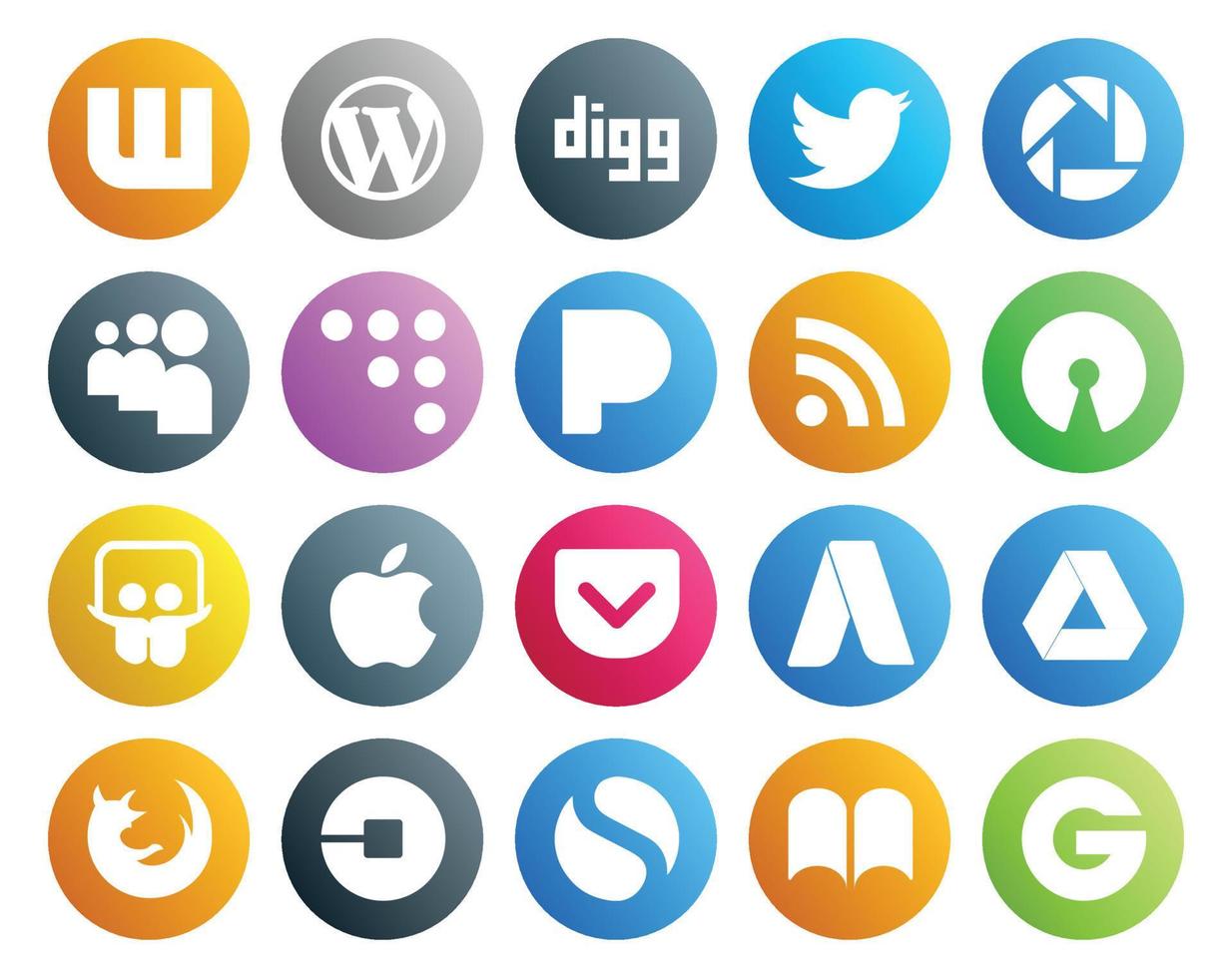Paquete de 20 íconos de redes sociales que incluye firefox adwords coderwall pocket slideshare vector