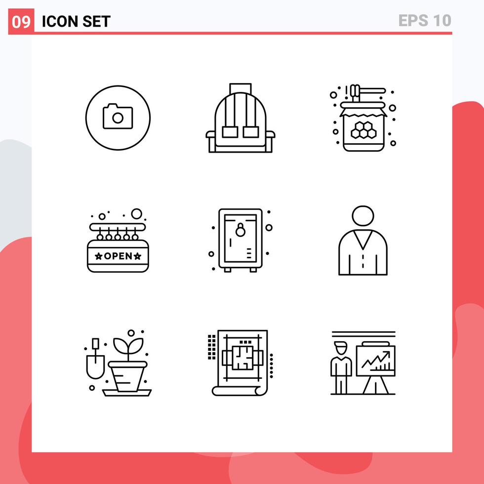Pack of 9 Modern Outlines Signs and Symbols for Web Print Media such as locker shop bee open sweet Editable Vector Design Elements