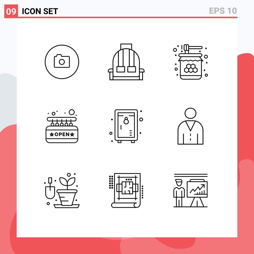 paquete de 9 signos y símbolos de contornos modernos para medios de impresión web, como casilleros, abejas, elementos de diseño de vectores editables dulces abiertos
