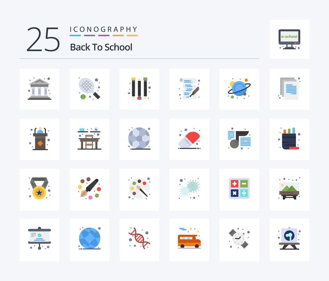 Back To School 25 Flat Color icon pack including doc. space. school. science. physics vector