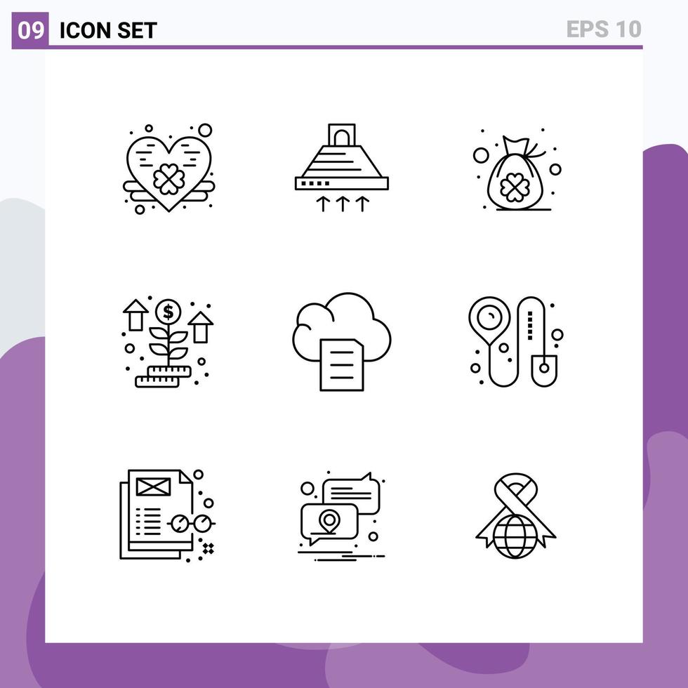 Modern Set of 9 Outlines Pictograph of data plant bag startup grow Editable Vector Design Elements