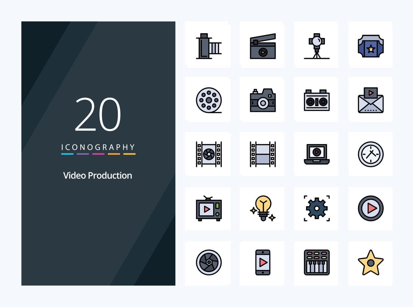 20 Video Production line Filled icon for presentation vector