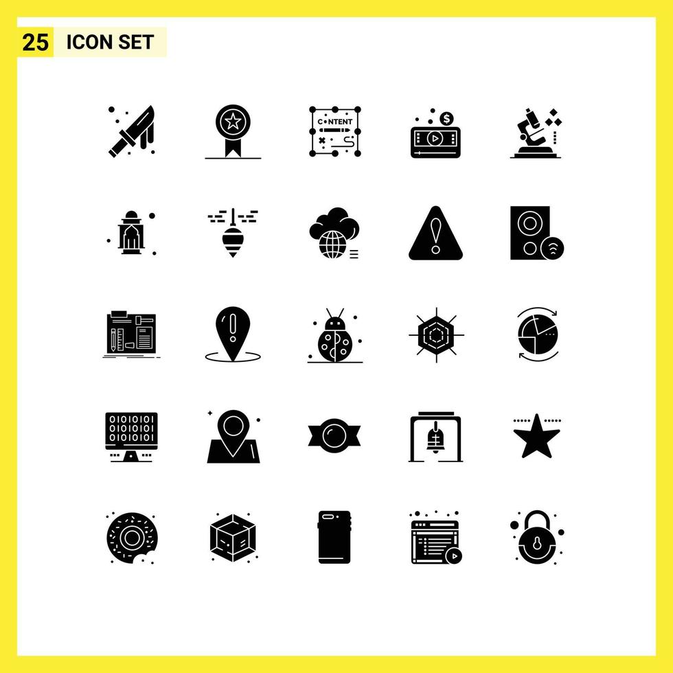 Set of 25 Commercial Solid Glyphs pack for microscope player content media player money Editable Vector Design Elements