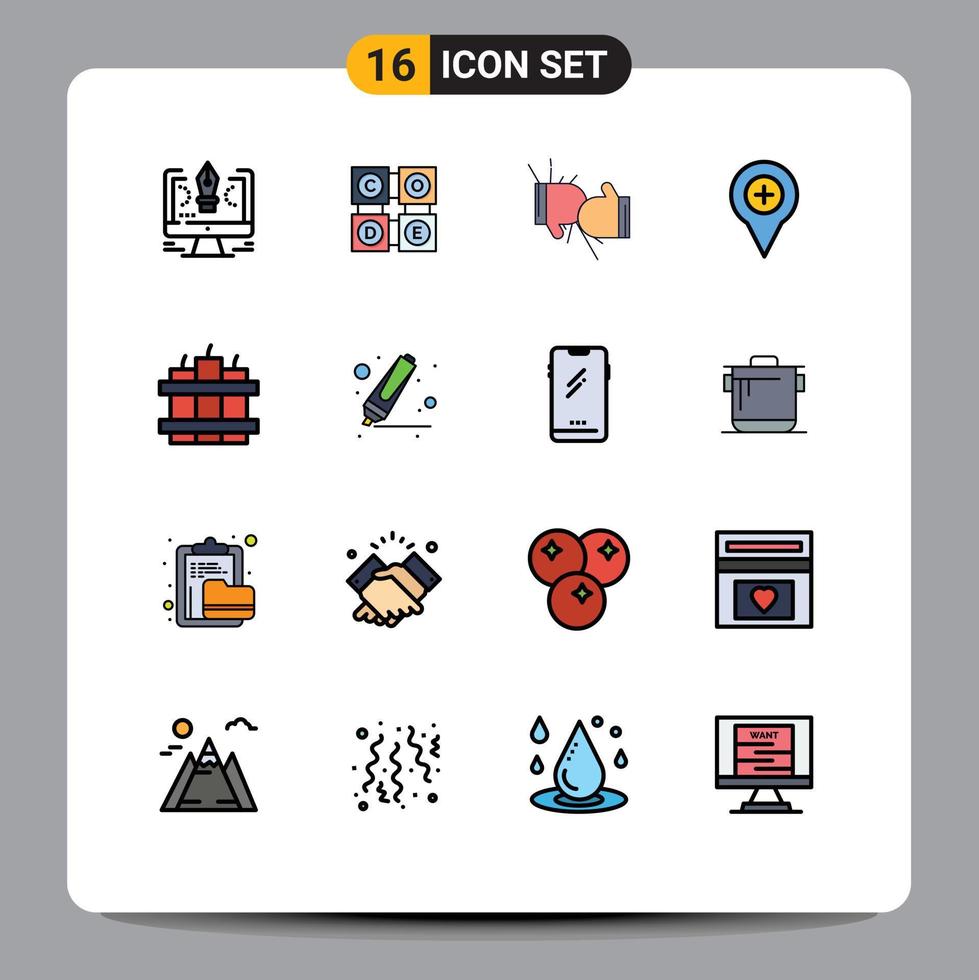 16 Universal Flat Color Filled Line Signs Symbols of pin map education location fight Editable Creative Vector Design Elements