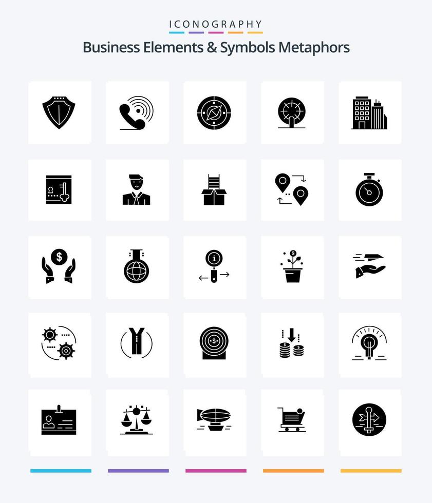 Creative Business Elements And Symbols Metaphors 25 Glyph Solid Black icon pack  Such As building. ship. signals. boat. location vector