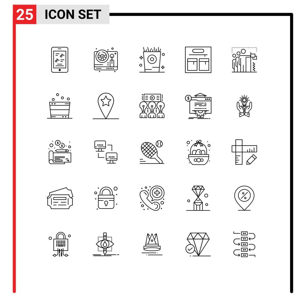 Mobile Interface Line Set of 25 Pictograms of group team fries flag bag Editable Vector Design Elements