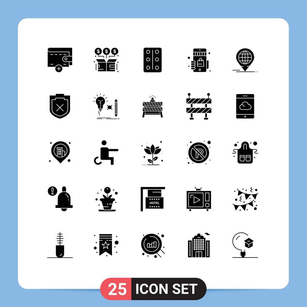grupo de 25 signos y símbolos de glifos sólidos para elementos de diseño de vectores editables de tiendas de compras de pastillas de negocios globales