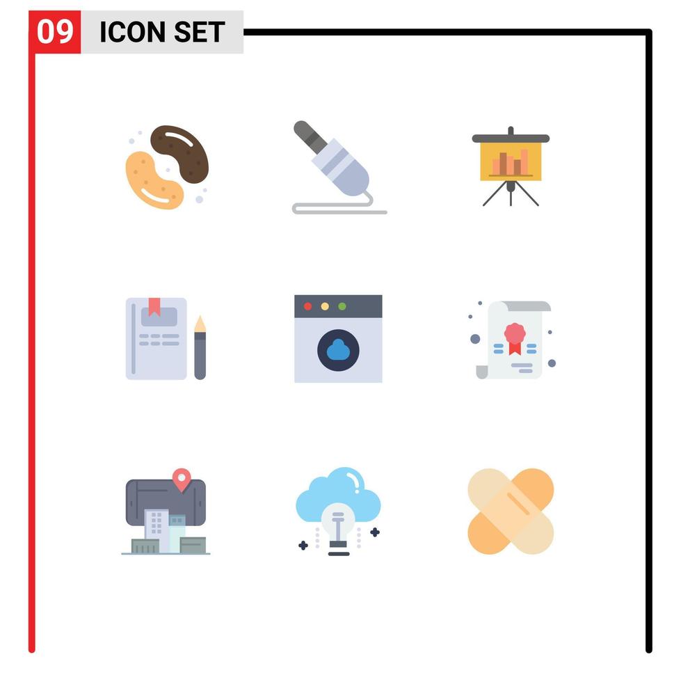 conjunto de pictogramas de 9 colores planos simples de la aplicación conocimiento tecnología educación informe elementos de diseño vectorial editables vector