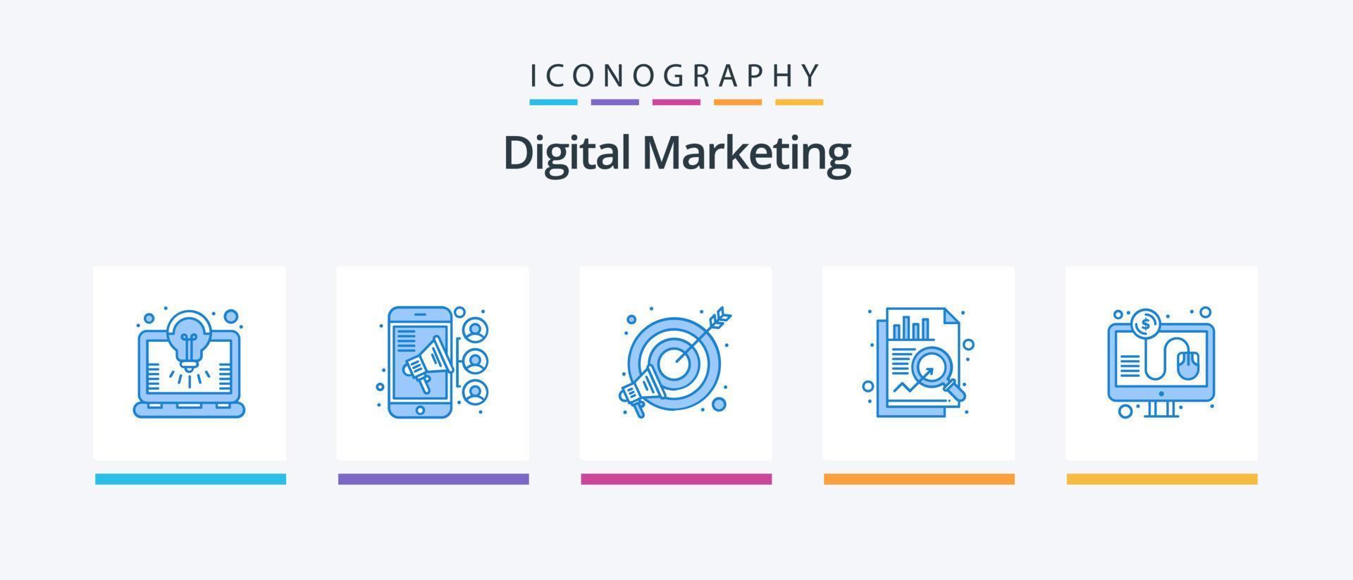 paquete de íconos azules de marketing digital 5 que incluye per. hacer clic. meta. datos. análisis. diseño de iconos creativos vector