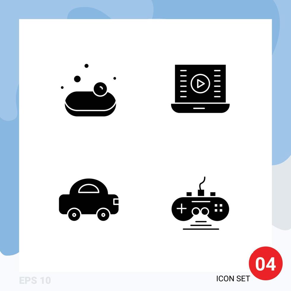 4 Thematic Vector Solid Glyphs and Editable Symbols of soup car audio play video play vehicles Editable Vector Design Elements