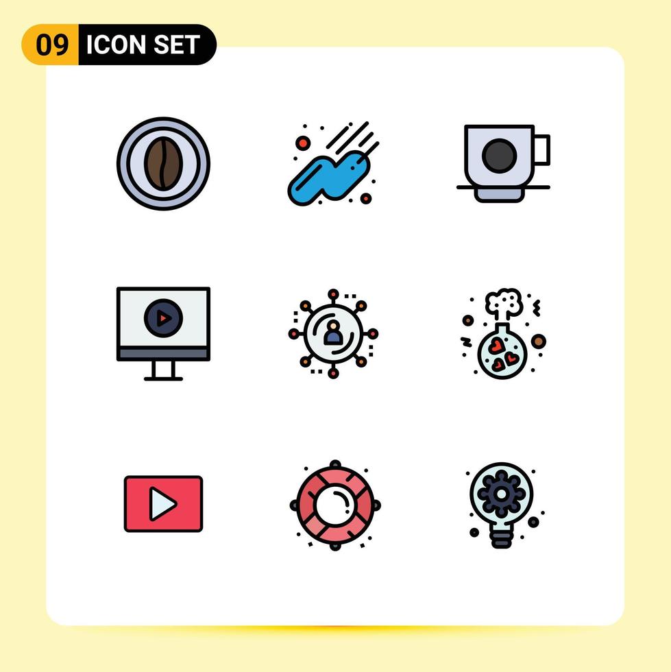 grupo de 9 signos y símbolos de colores planos de línea rellena para la red de marketing marketing de afiliados visualización de vídeo empresarial elementos de diseño vectorial editables vector