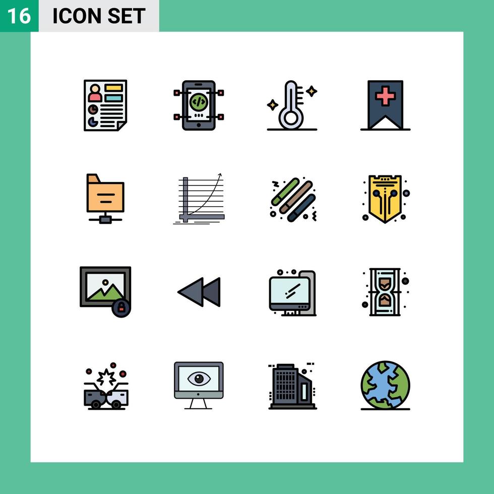 Modern Set of 16 Flat Color Filled Lines Pictograph of folder media web plus weather Editable Creative Vector Design Elements