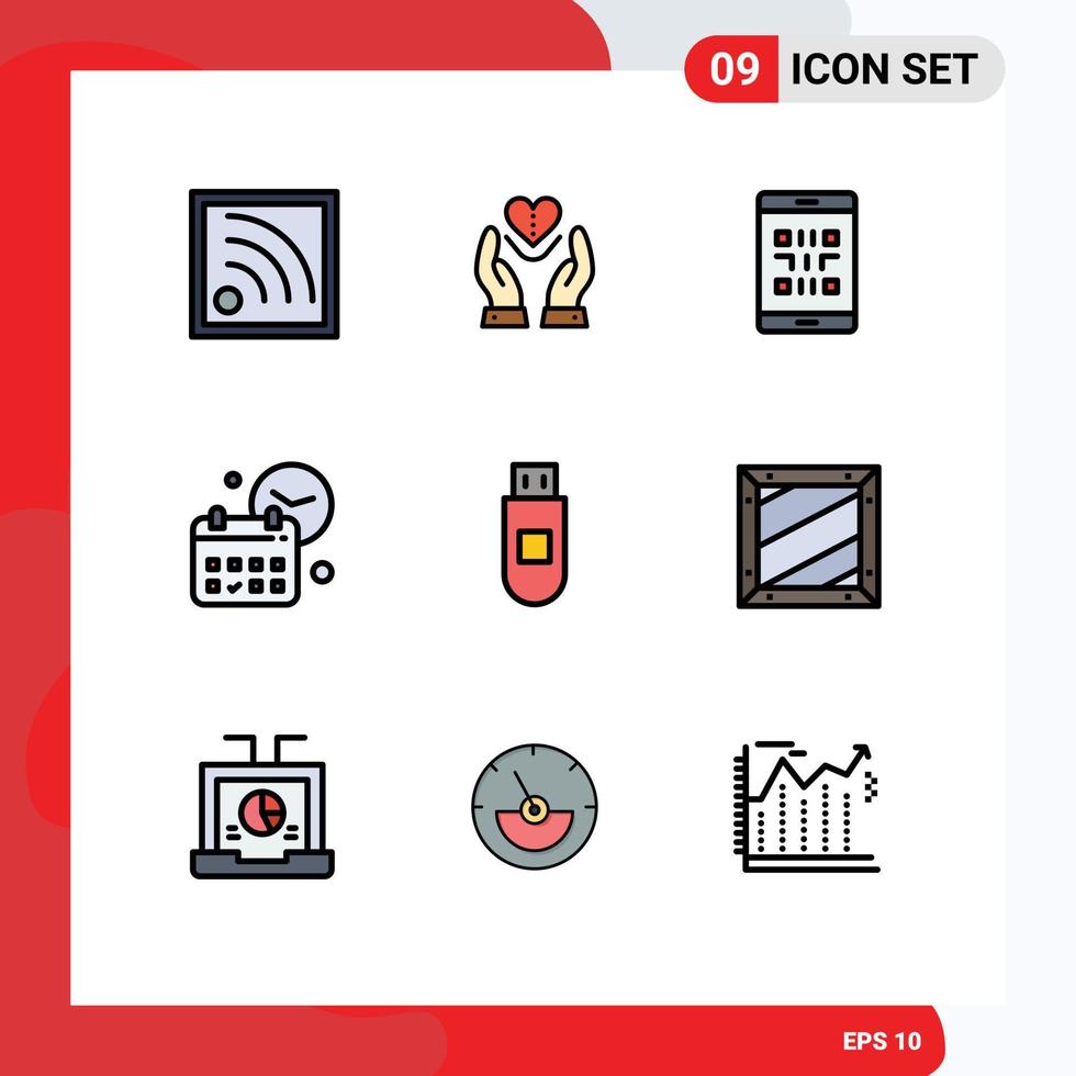 9 User Interface Filledline Flat Color Pack of modern Signs and Symbols of job day code date smartphone Editable Vector Design Elements