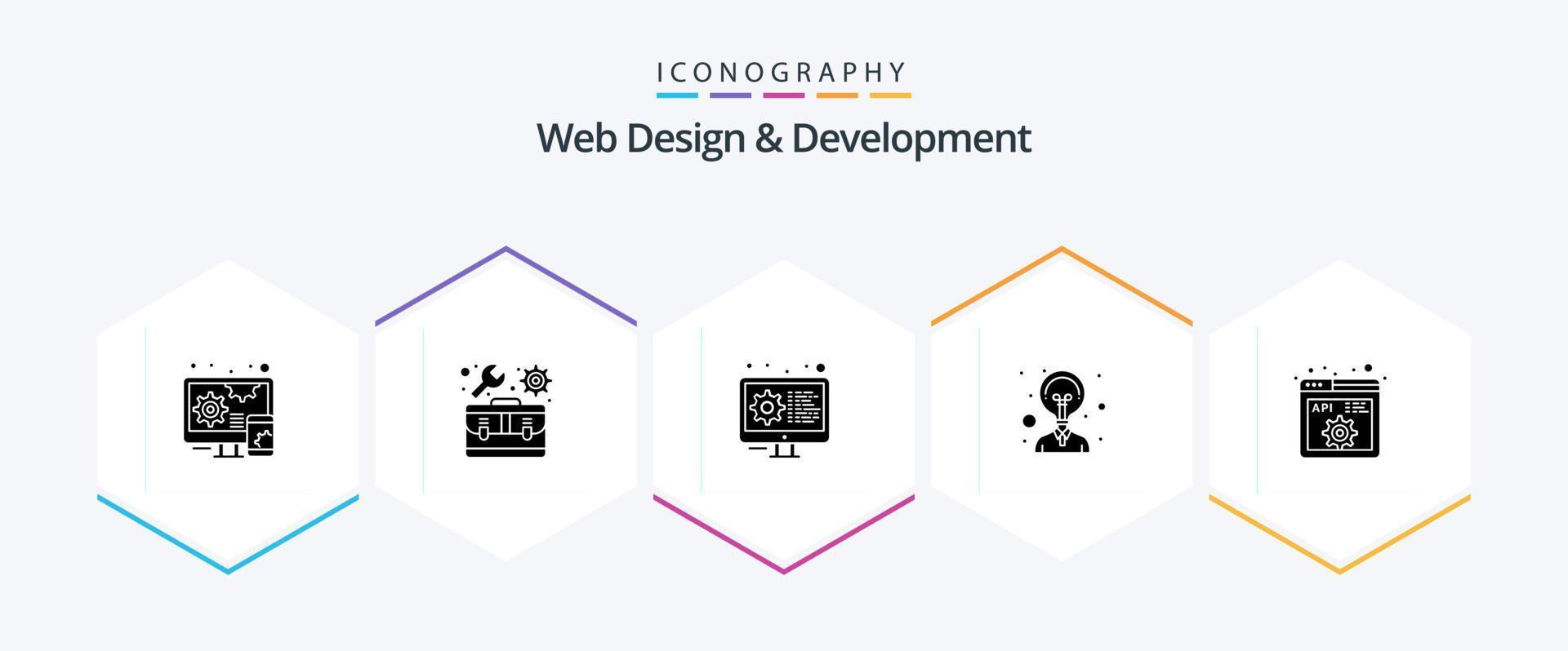 paquete de iconos de 25 glifos de diseño y desarrollo web, incluida la programación. código. desarrollo. API. idea vector