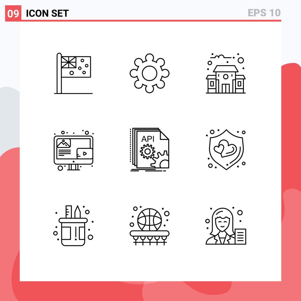 User Interface Pack of 9 Basic Outlines of developer app education building api content Editable Vector Design Elements