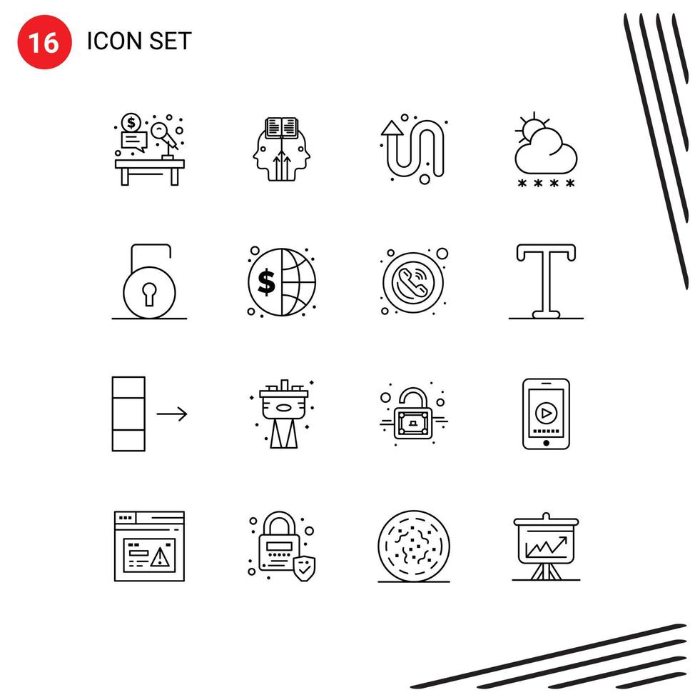 Modern Set of 16 Outlines Pictograph of key sun man snow left up Editable Vector Design Elements