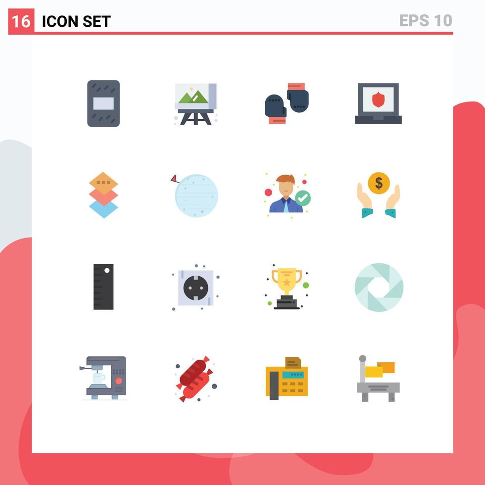 Pictogram Set of 16 Simple Flat Colors of planet square gloves plane shield Editable Pack of Creative Vector Design Elements