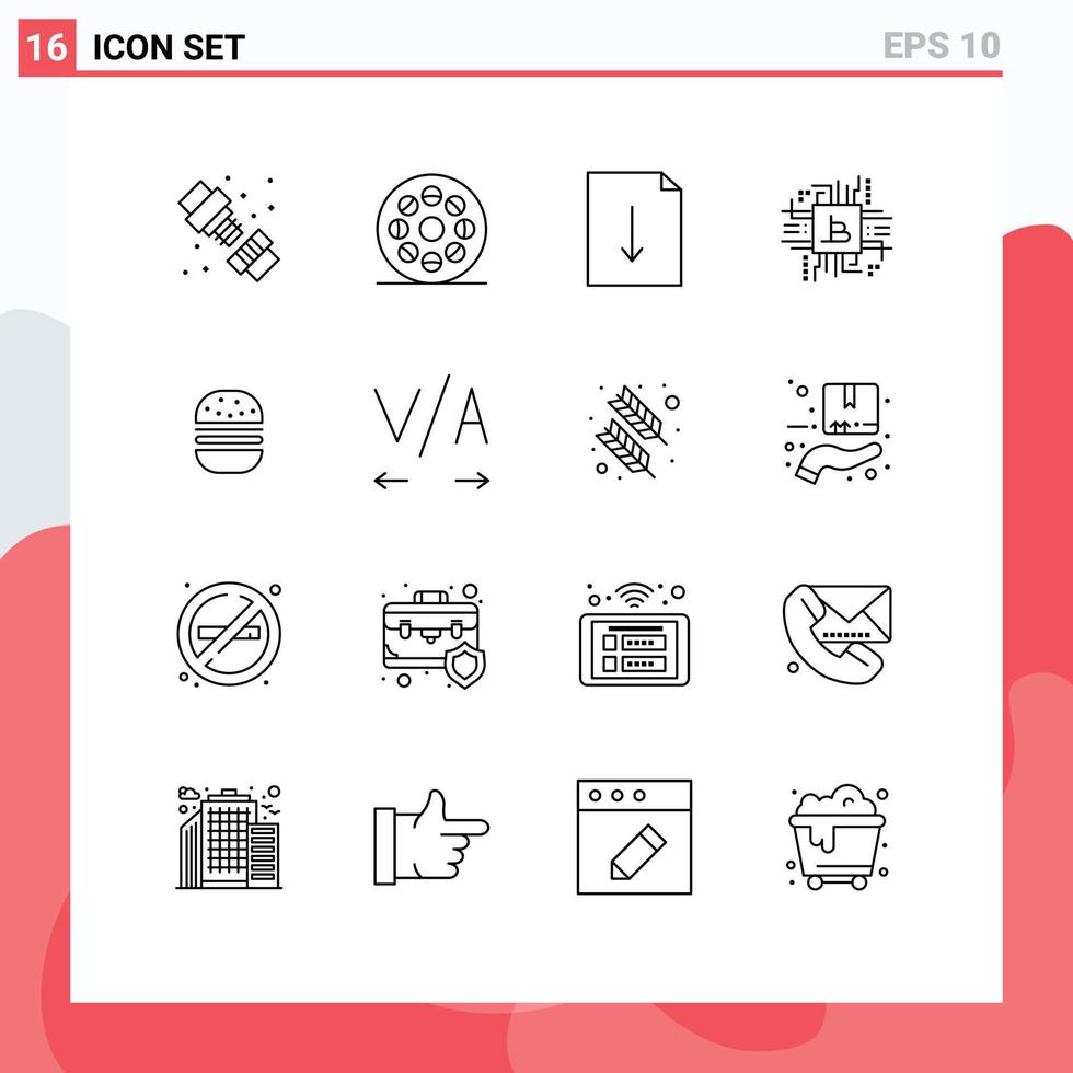 16 User Interface Outline Pack of modern Signs and Symbols of fast burger document fintech computer Editable Vector Design Elements