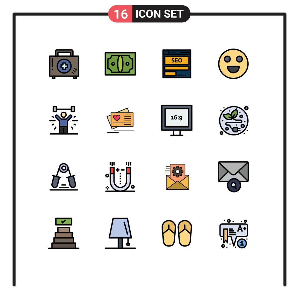 16 Universal Flat Color Filled Lines Set for Web and Mobile Applications happy emojis money tech hosting Editable Creative Vector Design Elements