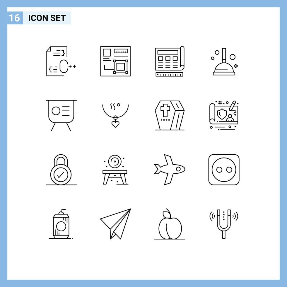 Pack of 16 Modern Outlines Signs and Symbols for Web Print Media such as plunger cleaning digital web print Editable Vector Design Elements