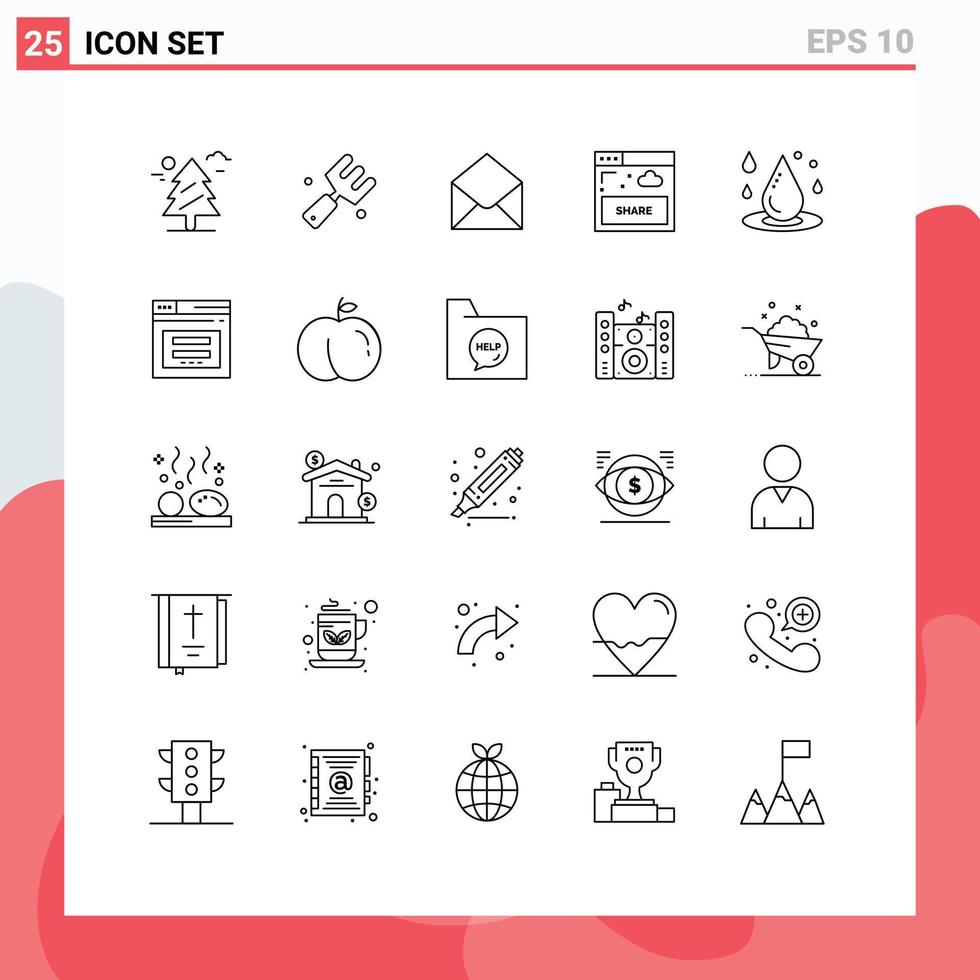 Line Pack of 25 Universal Symbols of drop water website sms sharing interface Editable Vector Design Elements