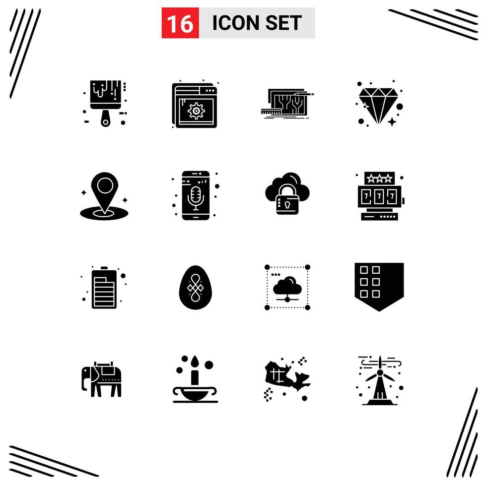 Group of 16 Solid Glyphs Signs and Symbols for navigation jewel architecture diamond engineering Editable Vector Design Elements