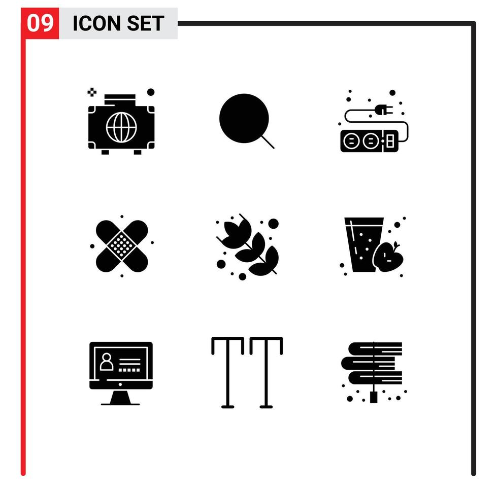 Group of 9 Modern Solid Glyphs Set for baking medical max health cable Editable Vector Design Elements