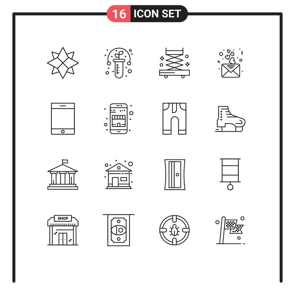 Pack of 16 creative Outlines of tablet device construction mail heart Editable Vector Design Elements