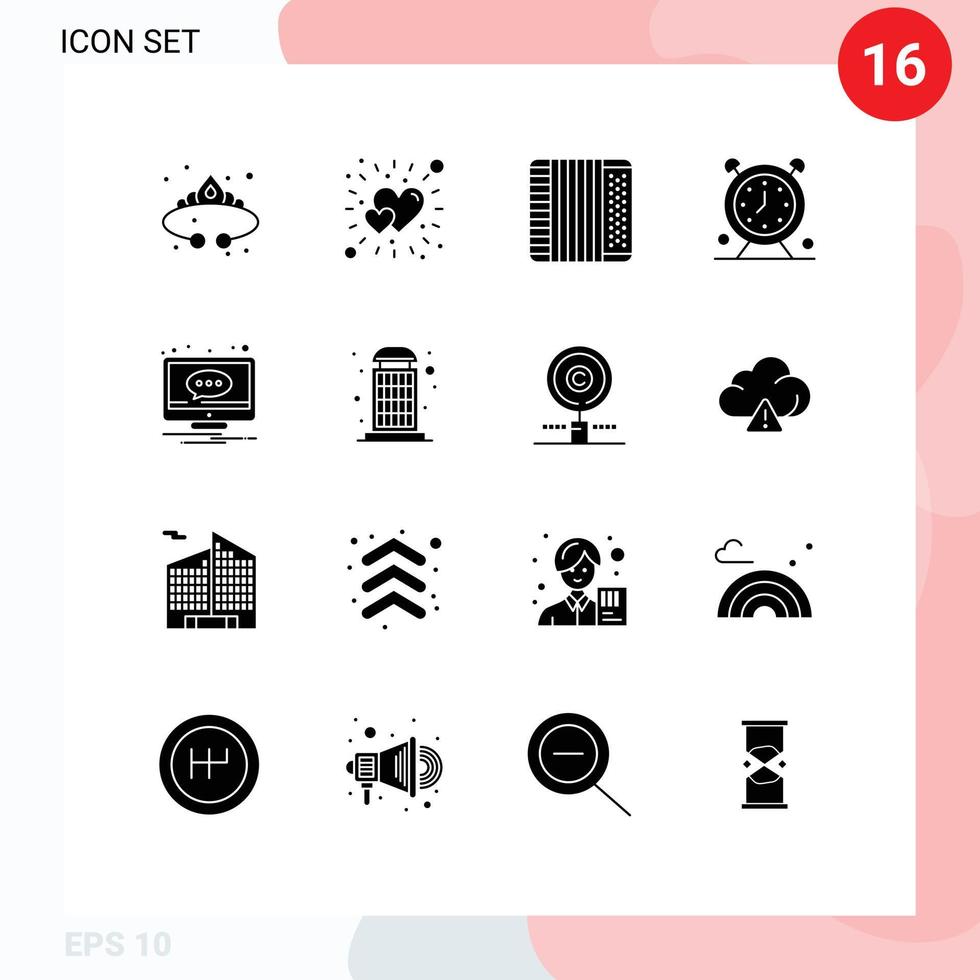 Set of 16 Modern UI Icons Symbols Signs for timer schedule love clock music Editable Vector Design Elements