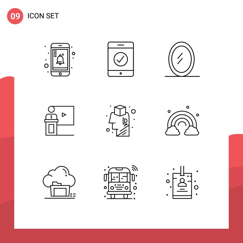 Mobile Interface Outline Set of 9 Pictograms of idea brainstorming business brain speaker Editable Vector Design Elements