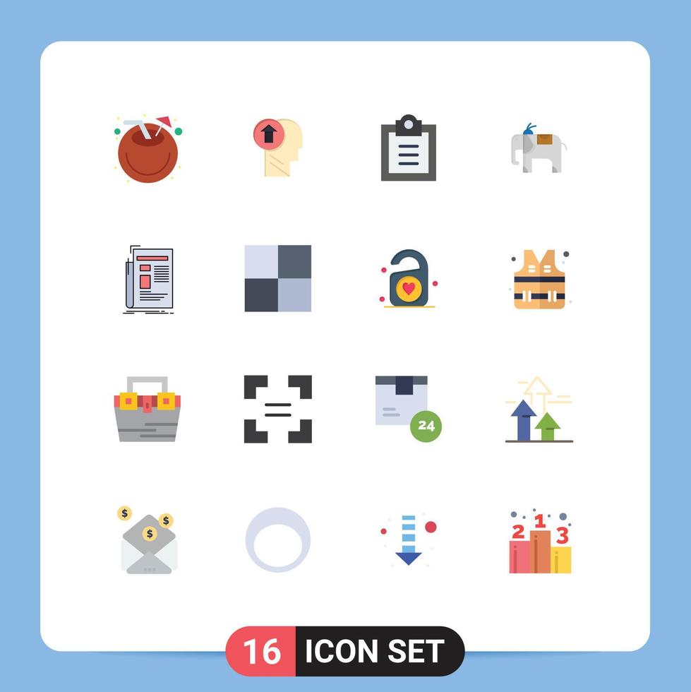 Pack of 16 Modern Flat Colors Signs and Symbols for Web Print Media such as news gazette mind animal todo Editable Pack of Creative Vector Design Elements