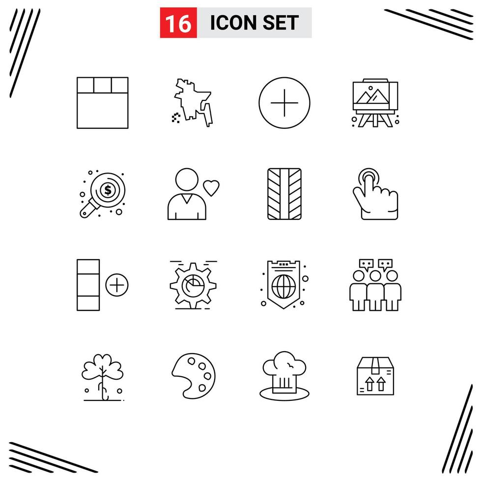 paquete de iconos de vector de stock de 16 signos y símbolos de línea para la búsqueda multimedia de inversión de amigos encontrar elementos de diseño de vector editables