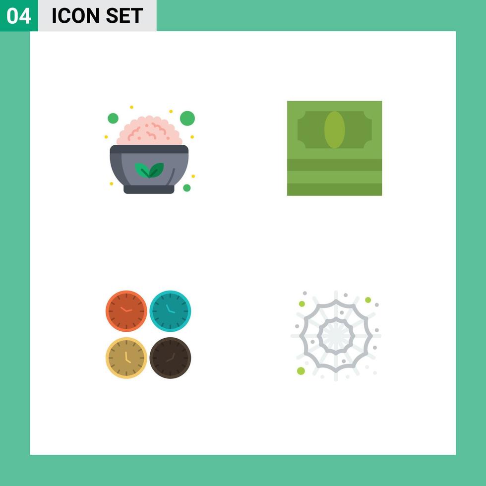 4 iconos planos universales establecidos para aplicaciones web y móviles relojes de comida paquete de ensaladera elementos de diseño vectorial editables de zona horaria vector