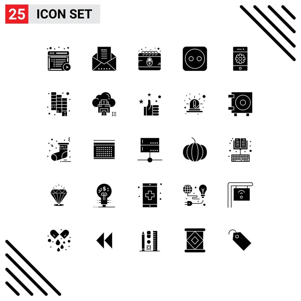 25 User Interface Solid Glyph Pack of modern Signs and Symbols of phone cell calendar tools electricity Editable Vector Design Elements