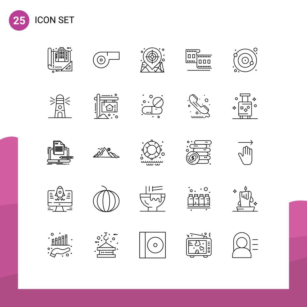 Pictogram Set of 25 Simple Lines of orbit orbit location strip cinema Editable Vector Design Elements