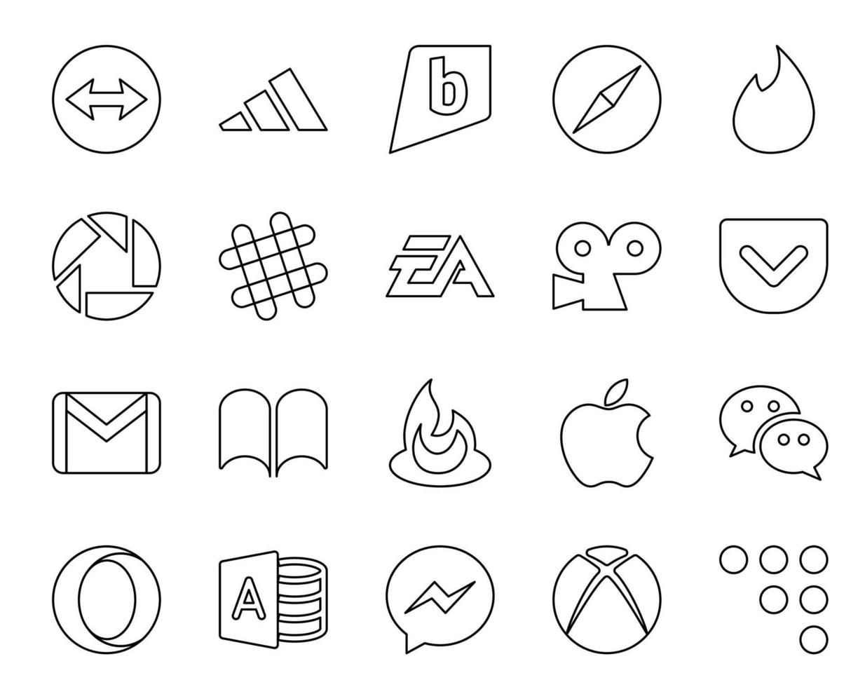 paquete de 20 iconos de redes sociales que incluye ibooks correo electrónico chat gmail viddler vector