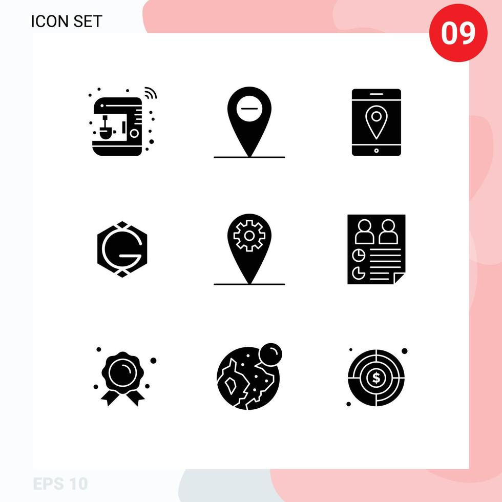 Paquete de 9 glifos sólidos de interfaz de usuario de signos y símbolos modernos de mapas de configuración de datos elementos de diseño vectorial editables criptográficos vector