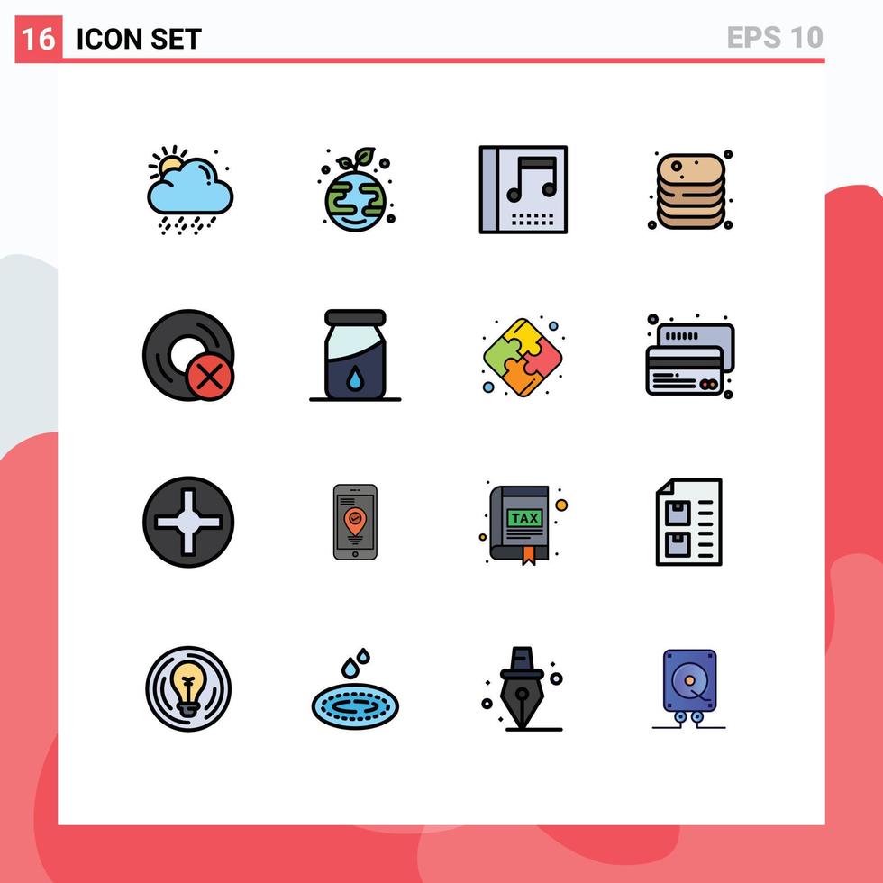 Group of 16 Modern Flat Color Filled Lines Set for disc computers media shop cooking Editable Creative Vector Design Elements