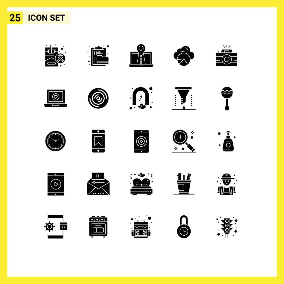 Pack of 25 creative Solid Glyphs of cloud scince cloud folder reporting gps Editable Vector Design Elements