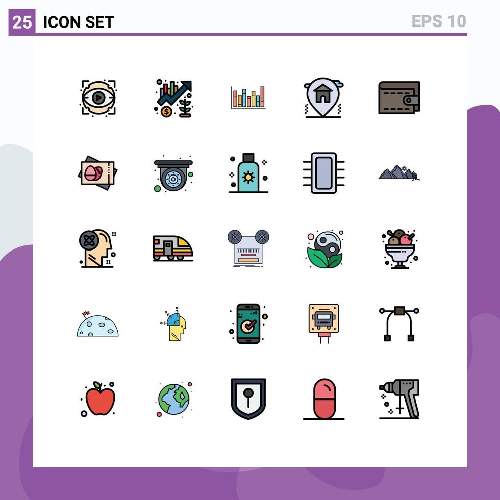paquete de 25 modernos signos y símbolos de colores planos de línea rellena para medios de impresión web, como efectivo, casa, hogar, abajo, elementos de diseño de vectores editables