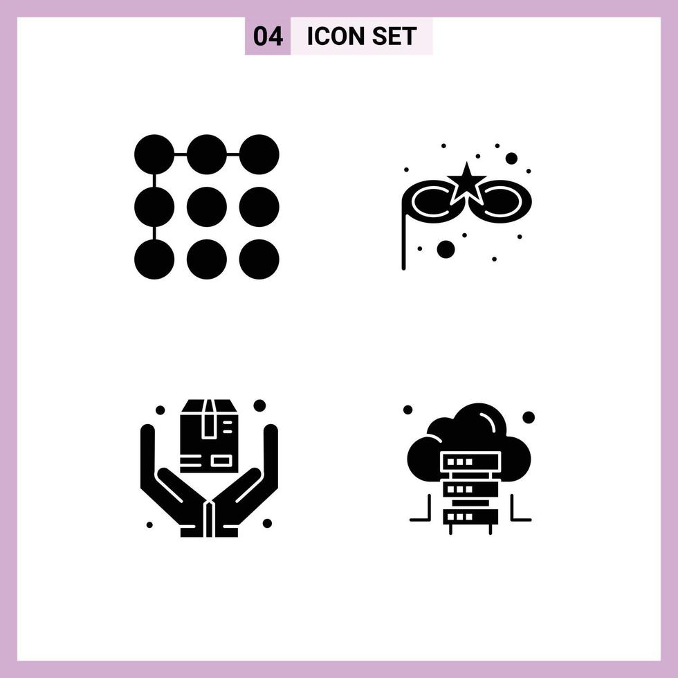 4 Universal Solid Glyphs Set for Web and Mobile Applications lock box carnival mask hands hosting Editable Vector Design Elements