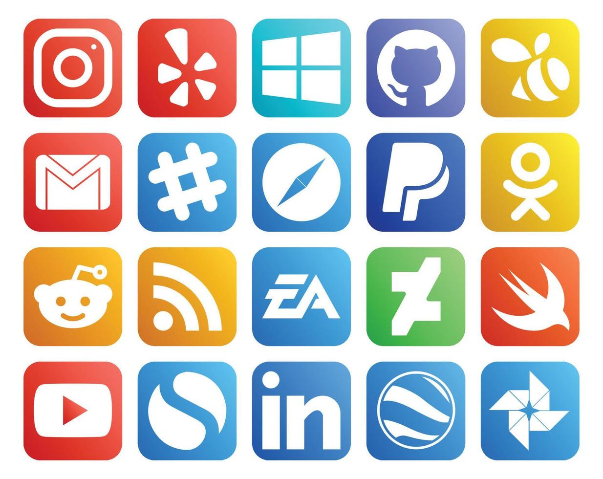paquete de 20 íconos de redes sociales que incluye ea rss slack reddit paypal vector