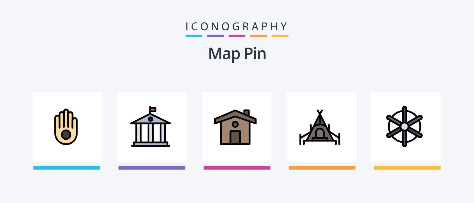 La línea de pines del mapa llenó el paquete de 5 íconos que incluye el servicio. quedarse en casa. de viaje. ascensor. mapas diseño de iconos creativos vector