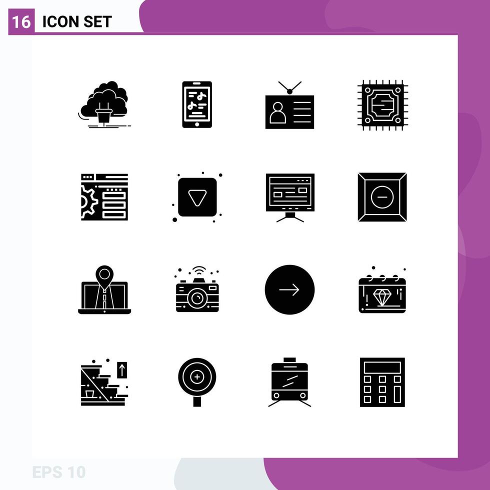 16 Solid Glyph concept for Websites Mobile and Apps design microchip phone cpu retro television Editable Vector Design Elements